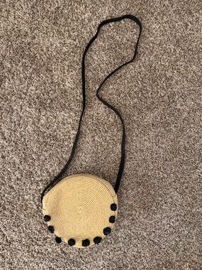 Stella & Dot Natural Straw Round Crossbody with Black Pom Trim